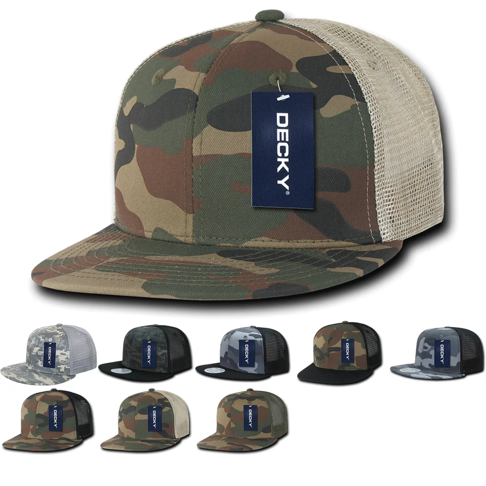 Decky 1055 Camo Flat Bill Trucker Hat, Camouflage 6 Panel Trucker Cap with Patch