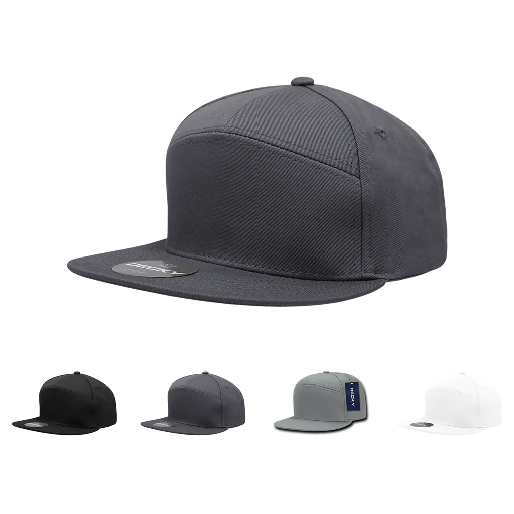 Decky 1098 7 Panel Flat Bill Hat, Snapback, 7 Panel High Profile Structured Cap with Patch